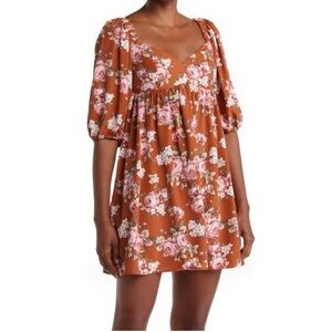 NWT WAYF Orange Floral Puff Sleeve Babydoll Dress with Pockets XS